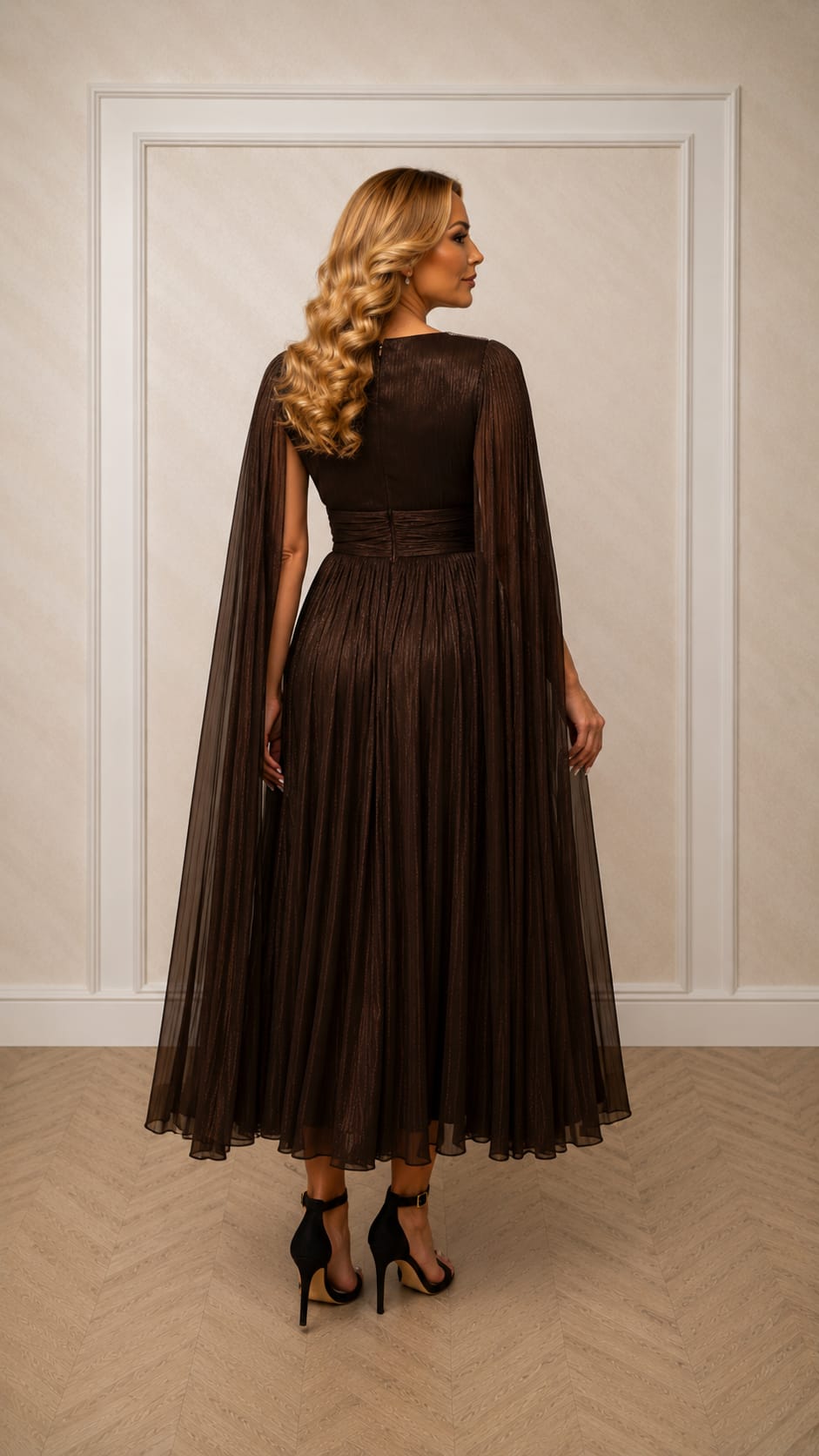 Rochia Piamor – Rochie midi eleganta din matase artificiala fluida cu maneci tip esarfa