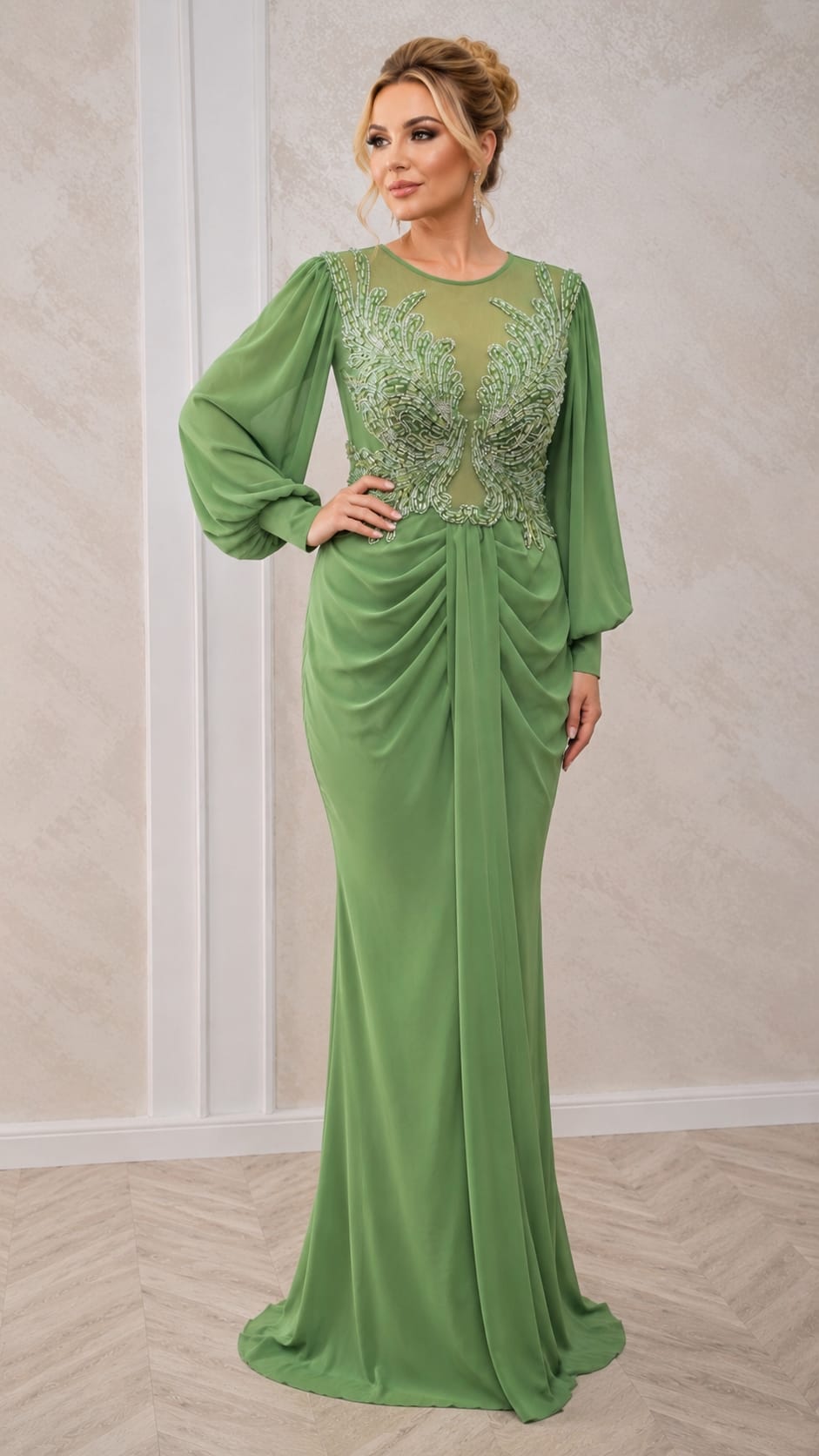 Rochia Paula – Rochie lunga drapata cu cristale si mineci boho