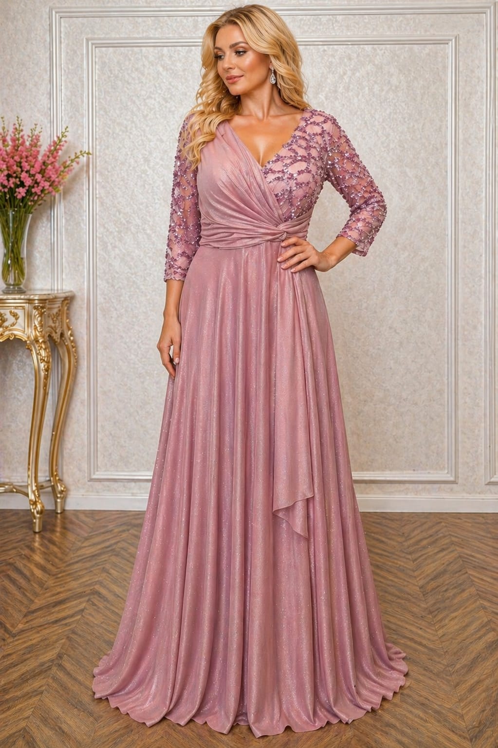 Rochie Bella Lux Eleganta din Voal Sclipitor – Maneci 3/4, Croiala Fluida, Efect de Subtiere