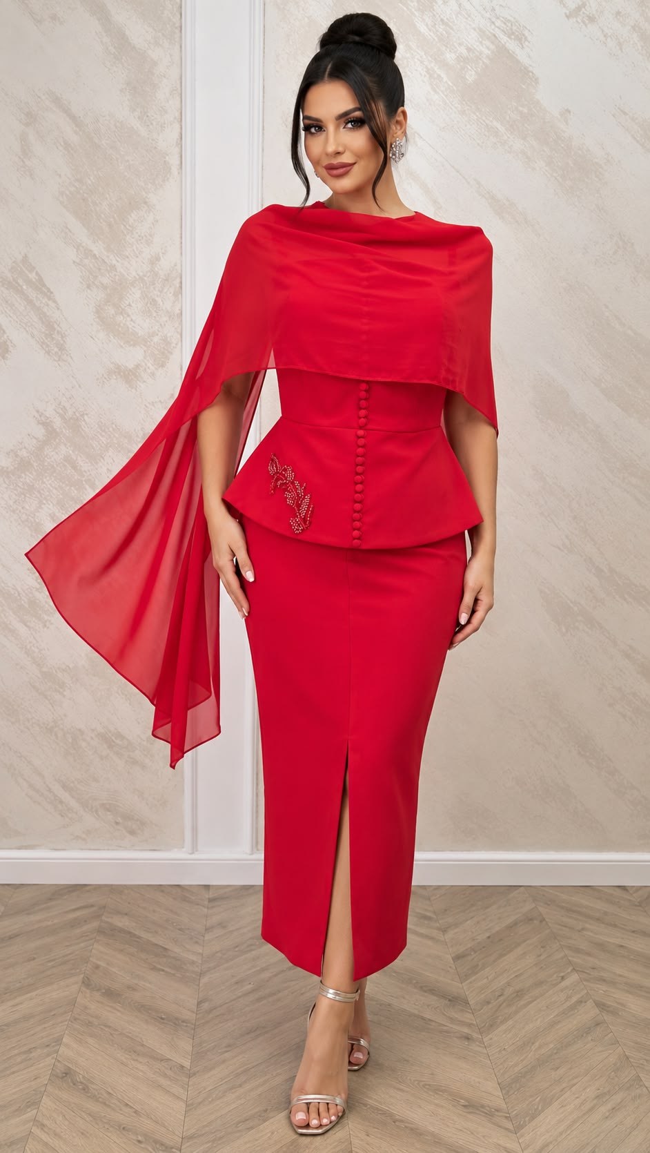 Rochie Motif midi rosie cu capa detasabila