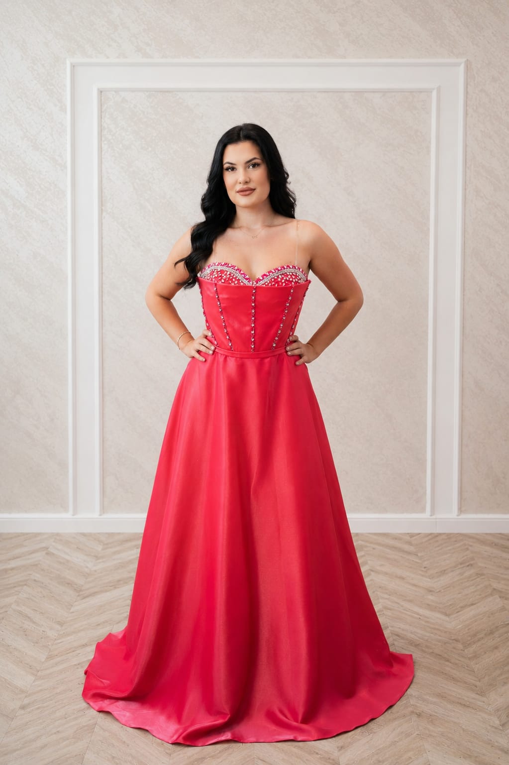 Rochia Barbie – Rochie  eleganta din satin lichid cu corset si pietre sclipitoare
