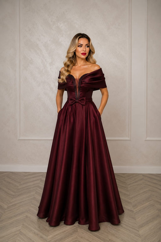 Rochia Serena – rochie din tafta premium reflexii sofisticate bordo-metalic si negru-metalic