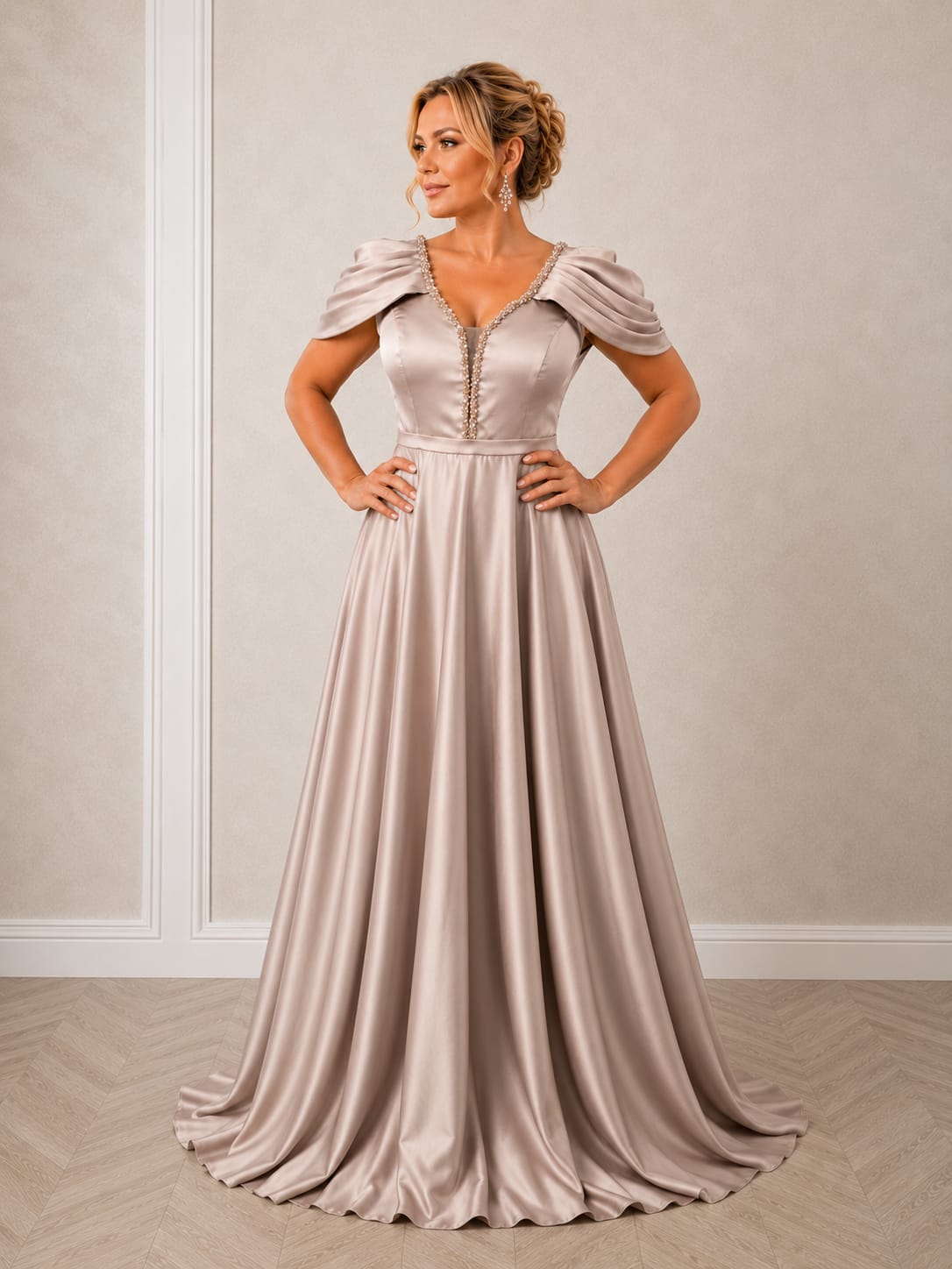 Rocia Lonicera - Rochie lunga simpla din satin cu drapaje peste brate disponibila in 3 nuante