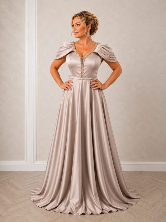 Rocia Lonicera - Rochie lunga simpla din satin cu drapaje peste brate disponibila in 3 nuante