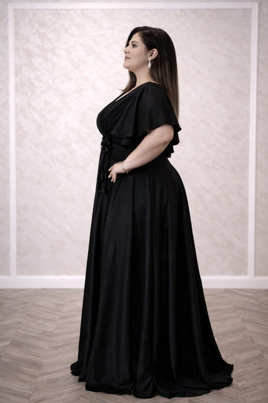 Rochia Gloria – Rochie neagra eleganta de seara din satin premium, simpla