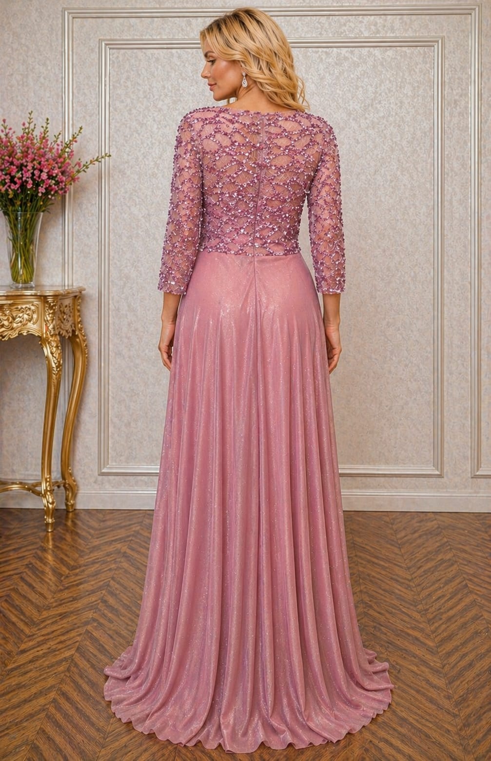 Rochie Bella Lux Eleganta din Voal Sclipitor – Maneci 3/4, Croiala Fluida, Efect de Subtiere