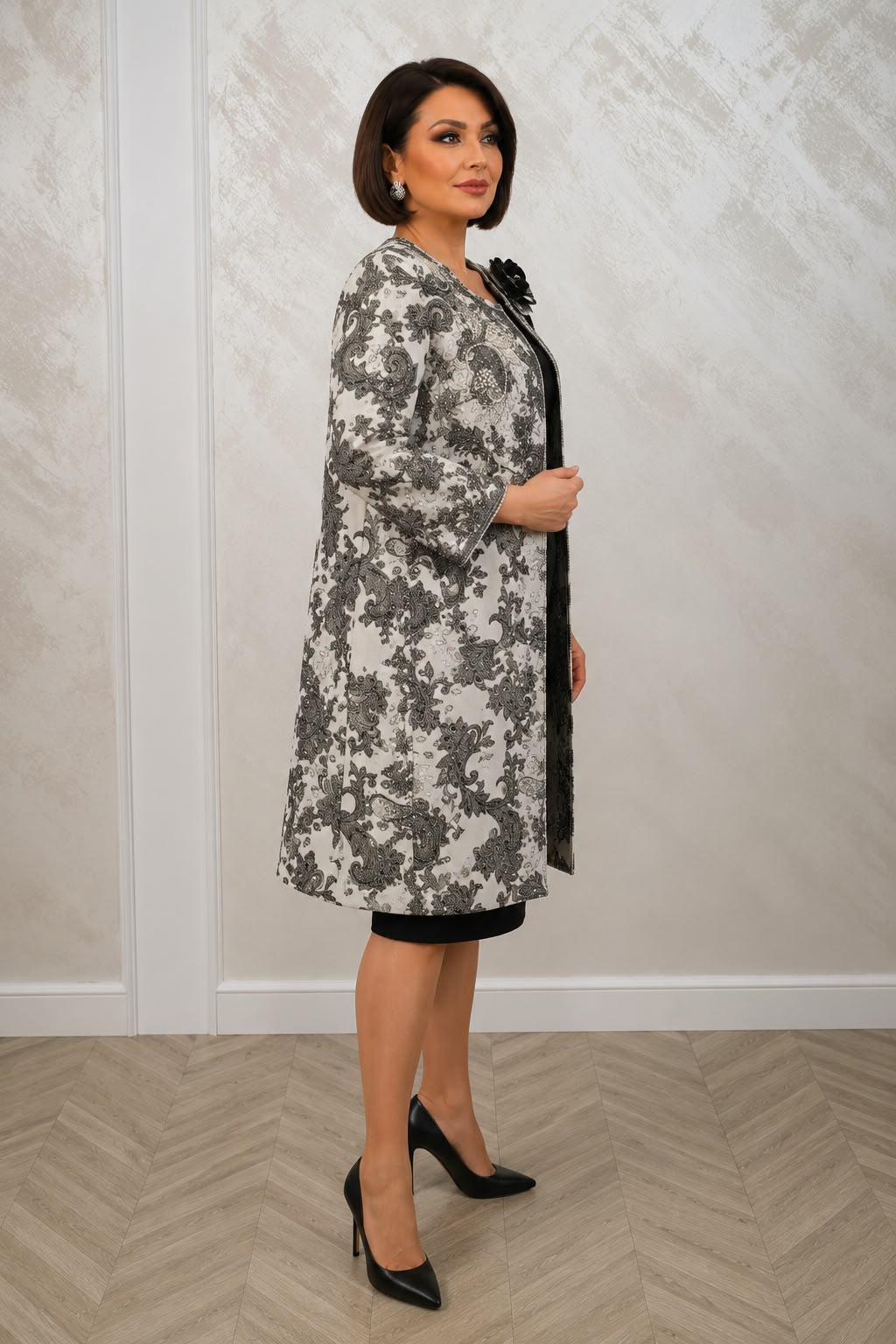 Compleu Tunica elegant dama cu rochie si sacou lung jacquard