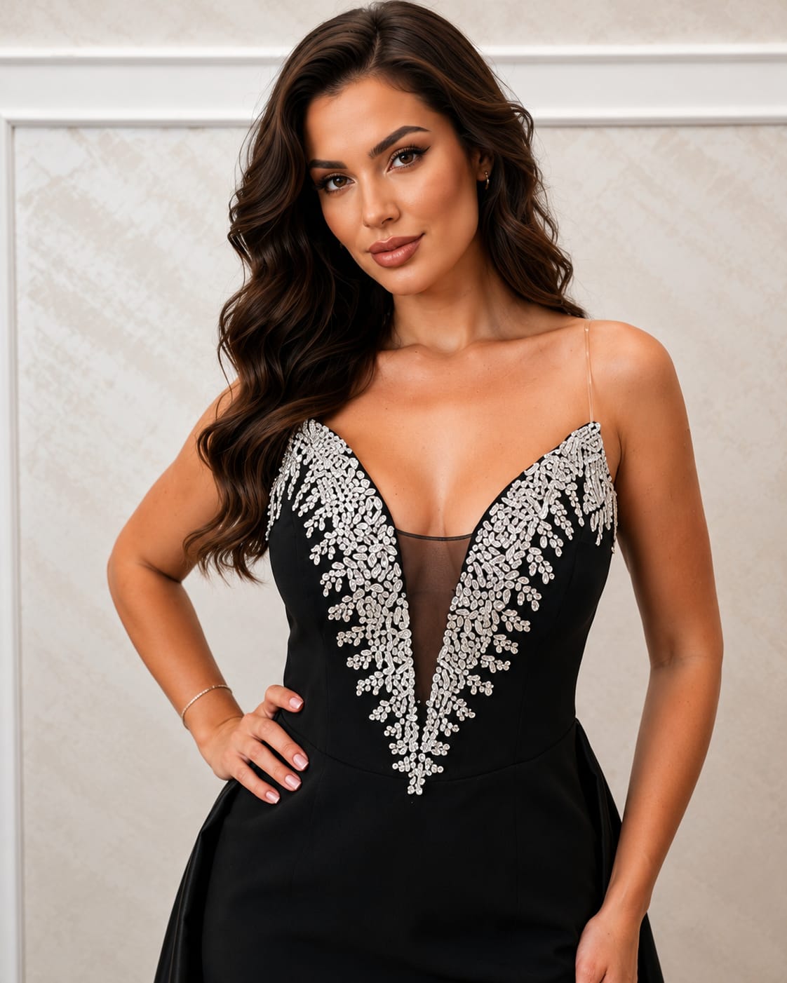 Rochia Kristal - Rochie neagra cu trena lunga din satin lichid si corset decoltat
