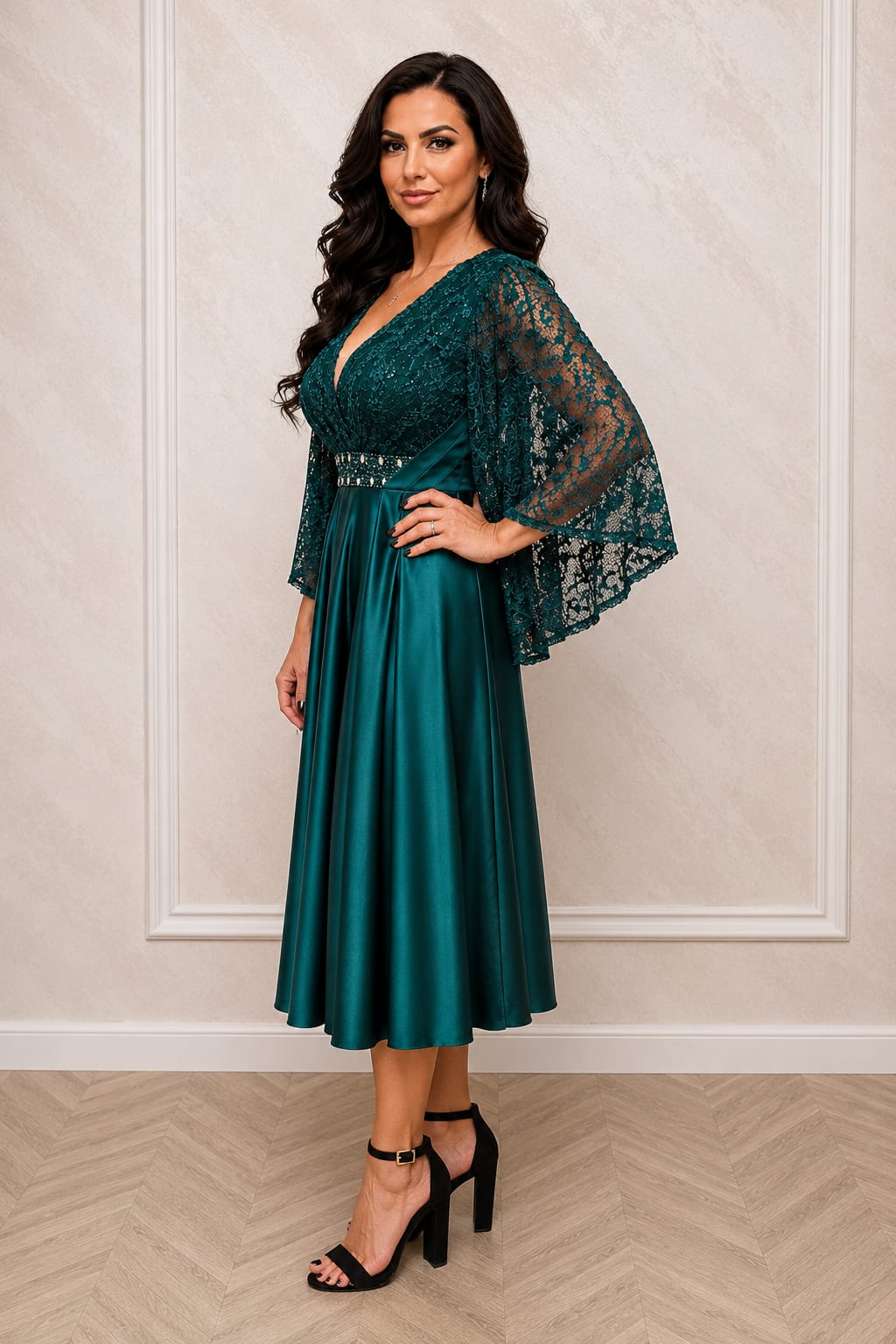 Rochia Male midi - Rochie lungime midi din satin si maneci din dantela