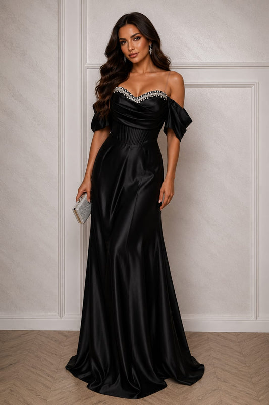 Rochia Bonita – Rochie neagra lunga din satin luxury pentru evenimente speciale