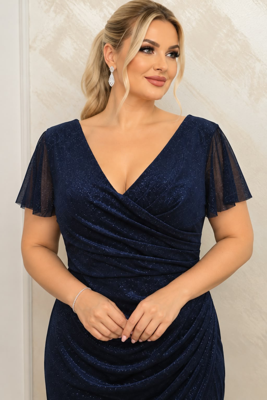 Rochie Norica bleu marin din lurex cu drapaje