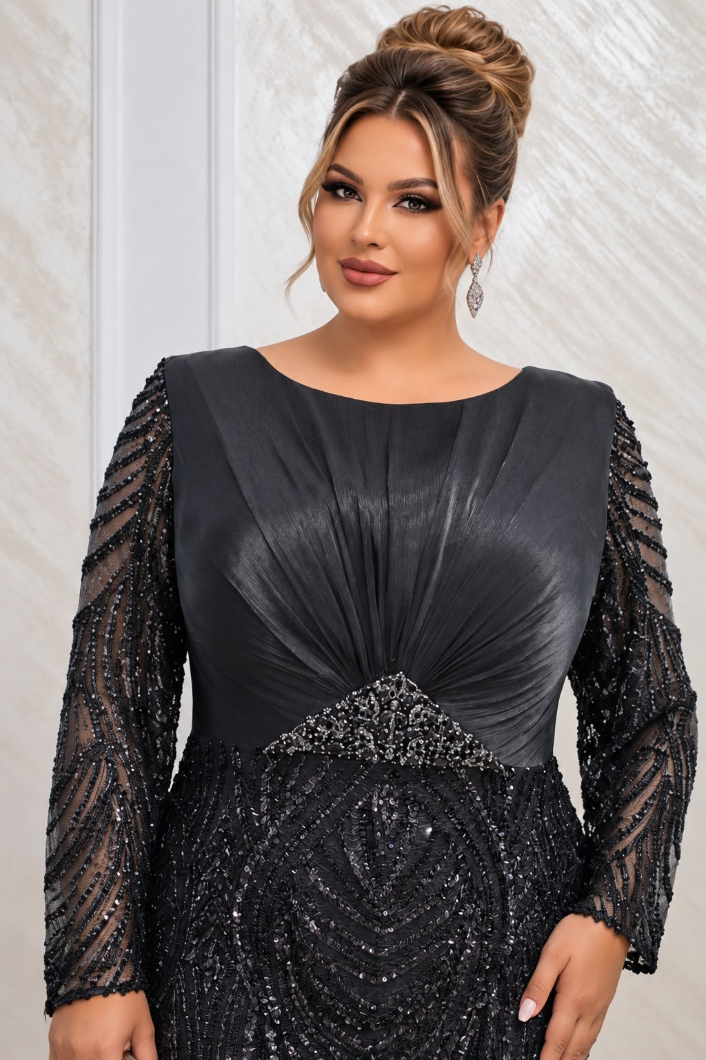 Rochia Valentina – rochie de seara lunga cu paiete si maneci lungi