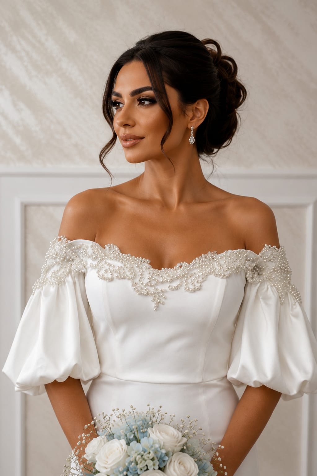Rochia Pearl Elegance –Rochie de stare civila midi alba cu perle si maneci bufante