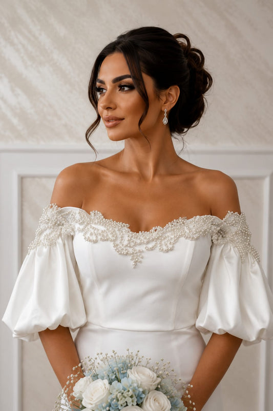 Rochia Pearl Elegance –Rochie de stare civila midi alba cu perle si maneci bufante