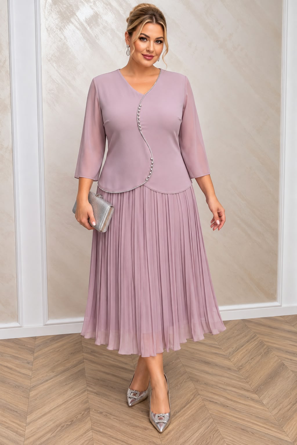 Rochie eleganta midi Vals din voal plisat cu maneci fluide