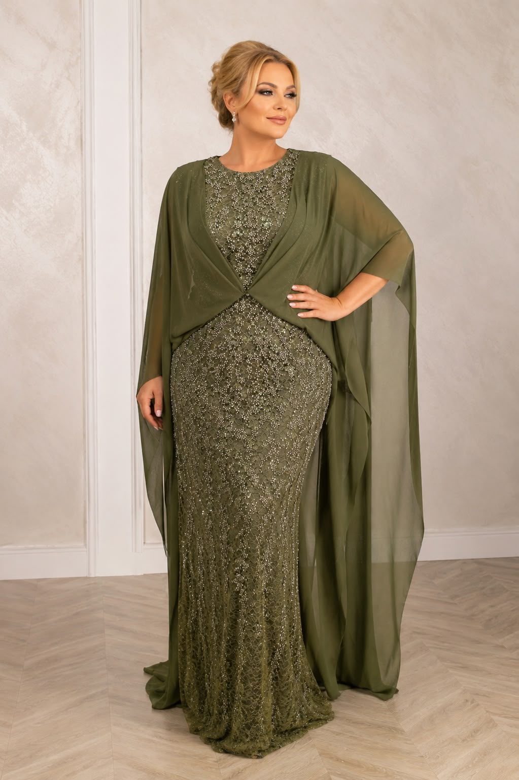 Rochia Simona – Rochie lunga de seara din dantela cu maneci vaporoase