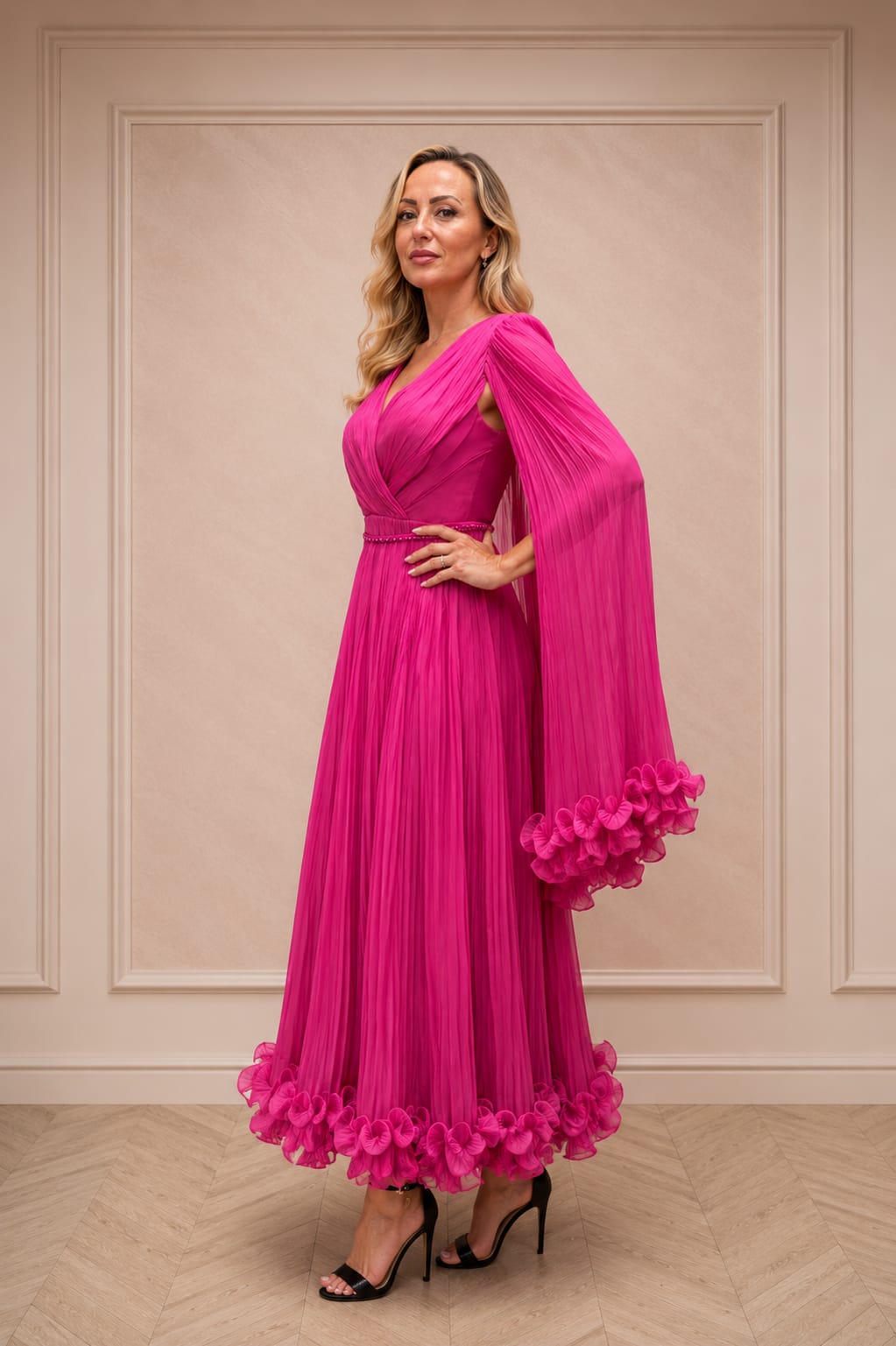 Rochia Selecta - Rochie eleganta in nuante de Fuxia , Turcoaz sau Ciocolatiu din matase artificiala cu maneci vaporoase