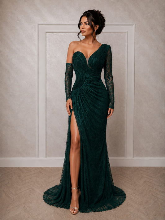 Rochia Misera - Rochie lunga din dantela Chantilly verde smarald