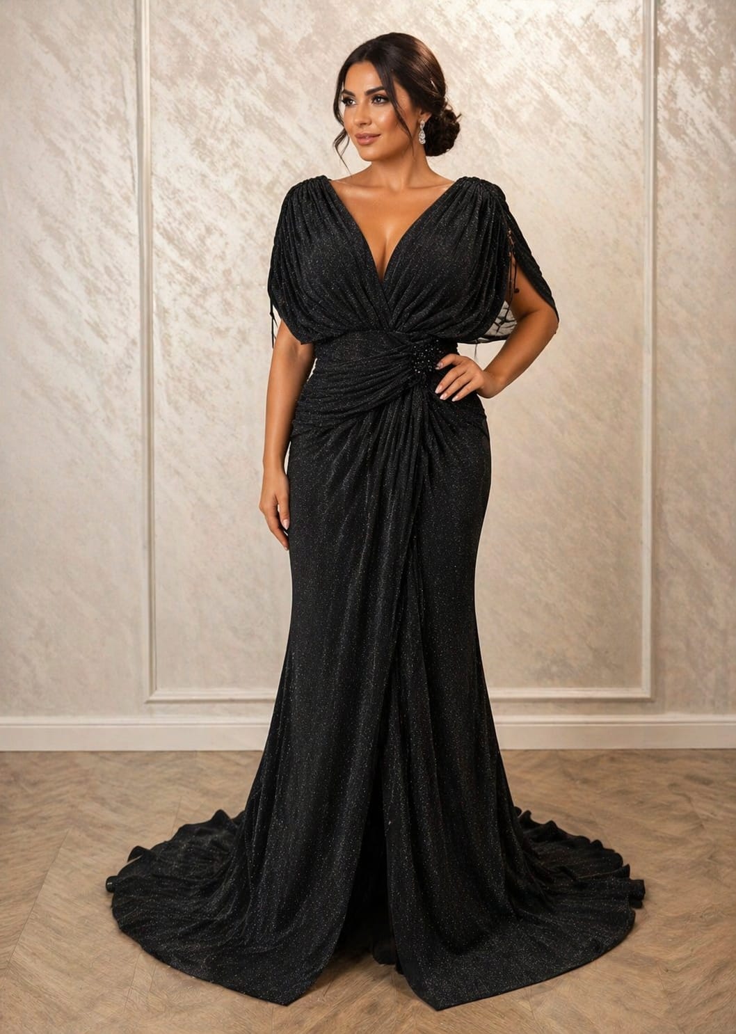 Rochia Bali – Rochie lunga eleganta din lurex pentru marimi mari,  drapaje cu efect de subtiere