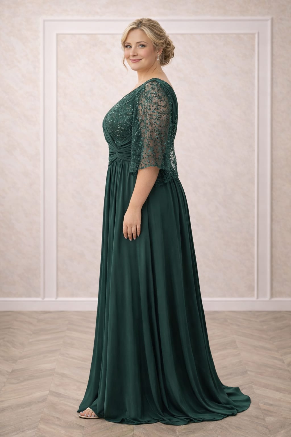 Rochia Belabona – Rochie eleganta lunga verde smarald plus size cu drapaje
