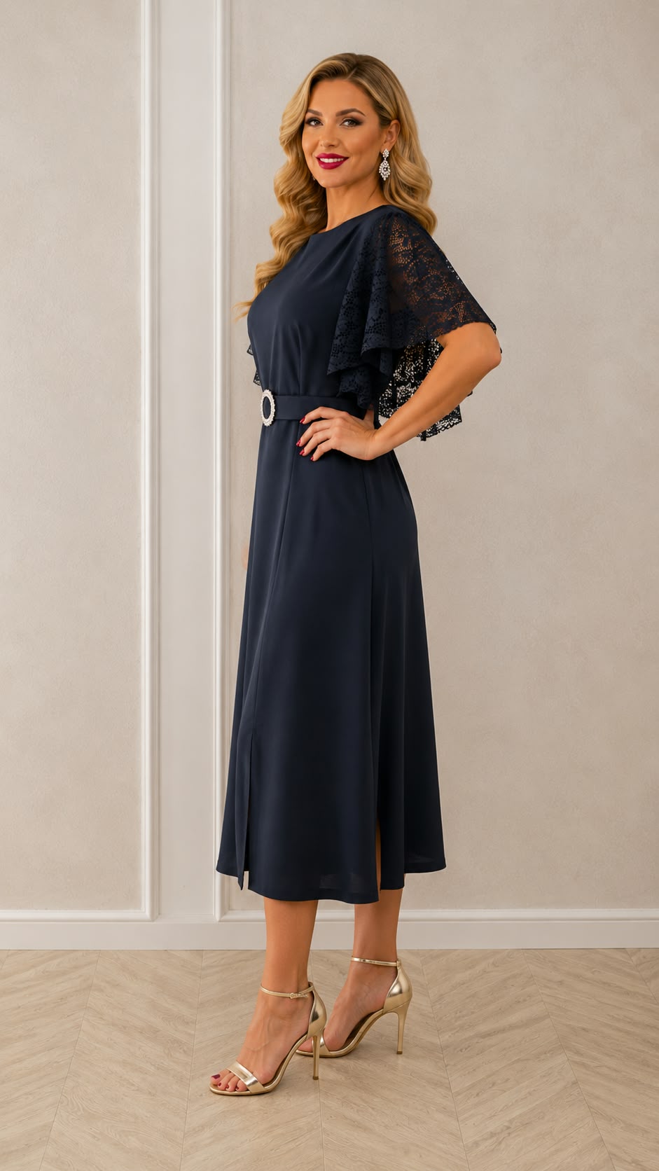 Rochia Marimar – rochie eleganta din stofa cu maneci din dantela disponibila in trei culori