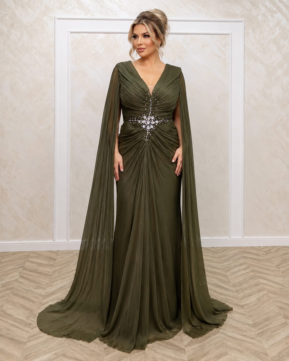 Rochia Raisa – Ciocolatiu și Verde Olive rochie cu drapaje din matase artificiala foarte usoara si comoda