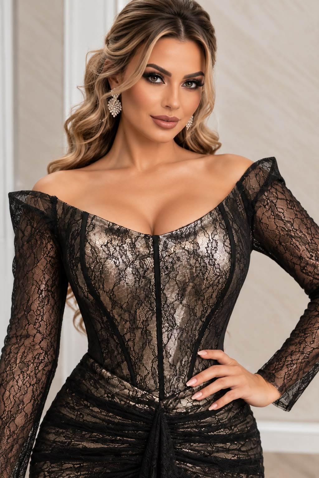Rochie Tamari Sirena cu Corset din Dantela Chantilly si Trena - Negru Auriu
