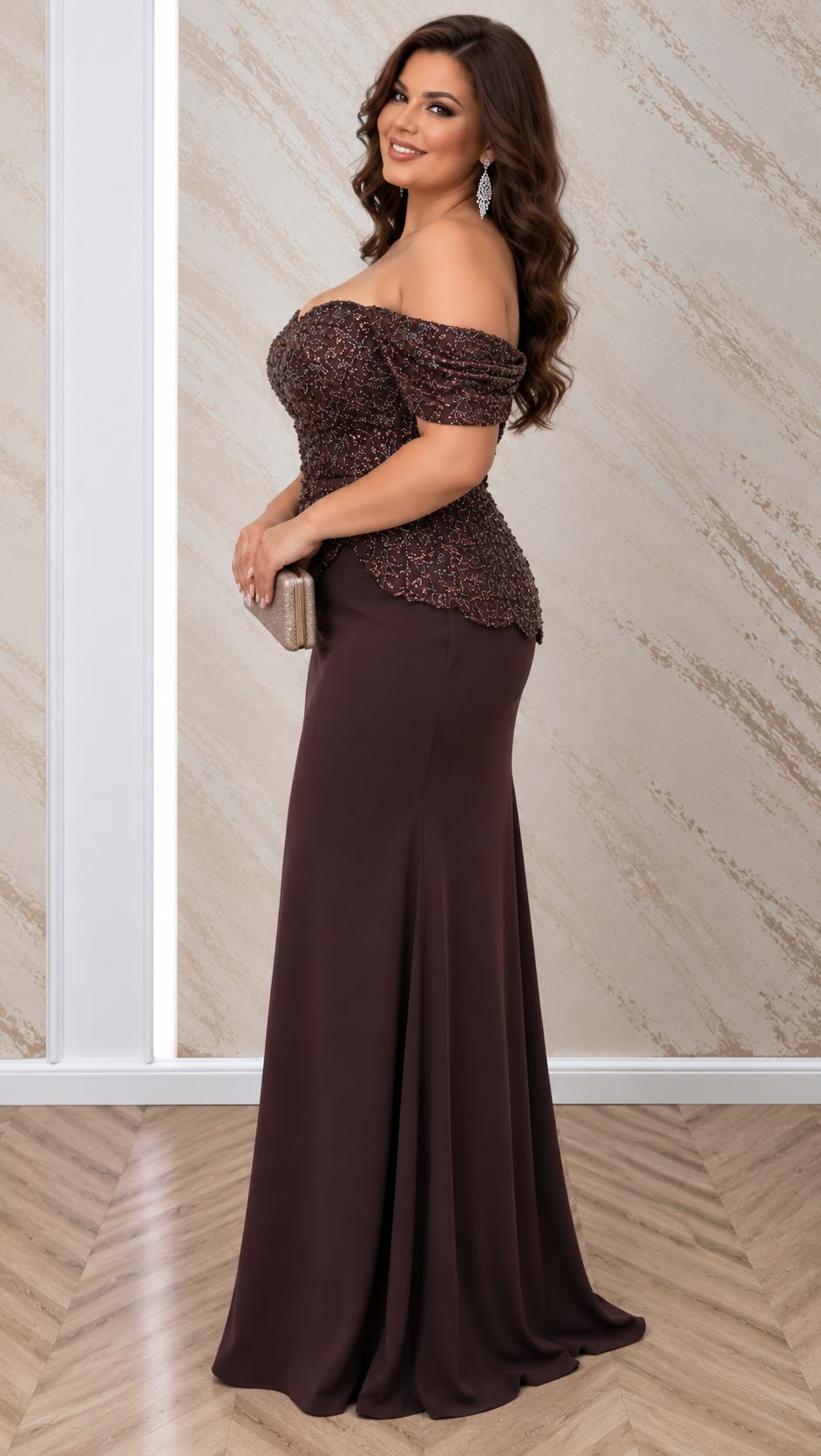 Rochie Ciocolatte lunga sirena cu corset perlat si bretele off shoulder