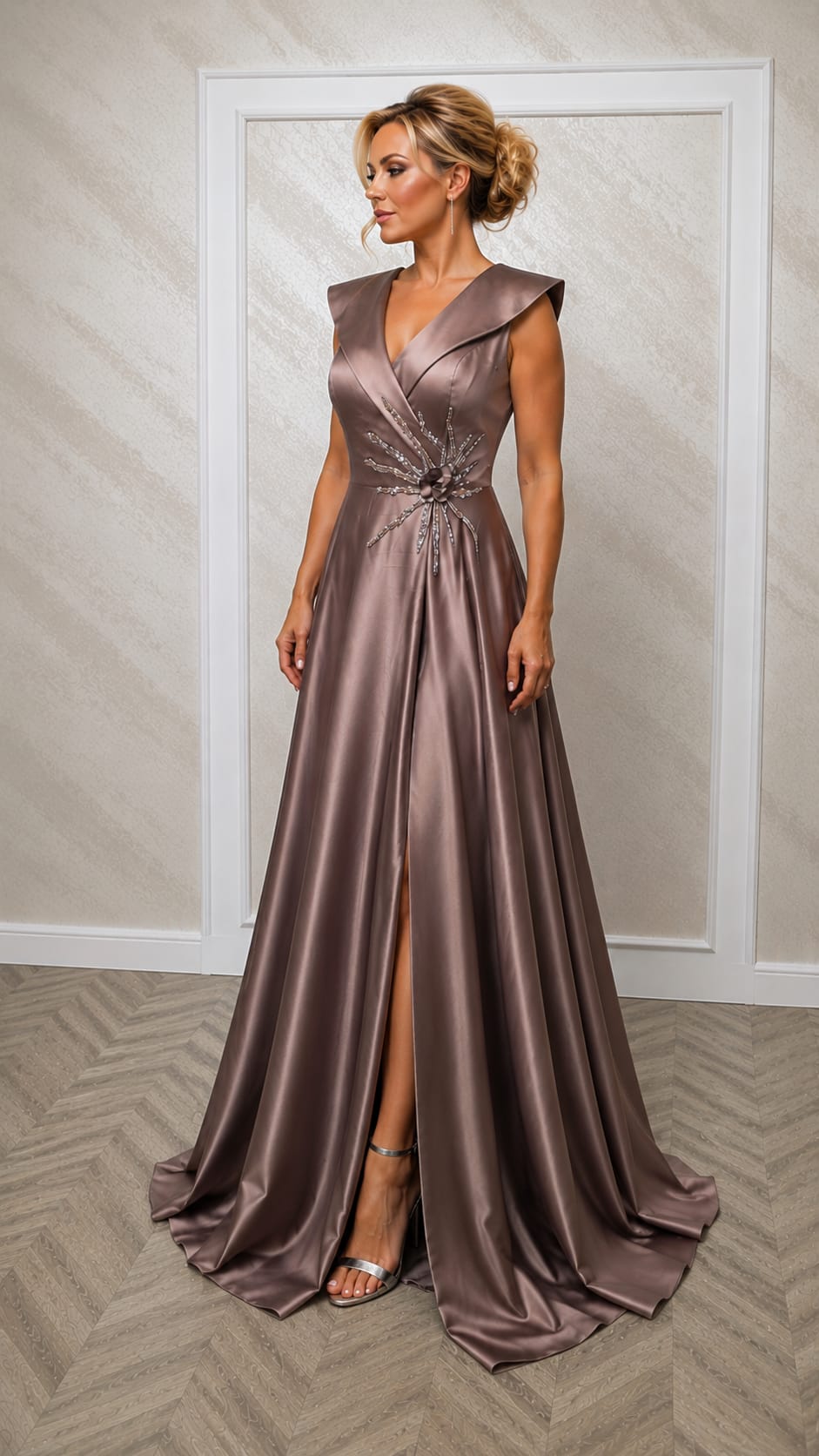 Rochia Lorena – Rochie eleganta lunga in nuante capuccino , negru , turcoaz din satin cu slit pe picior