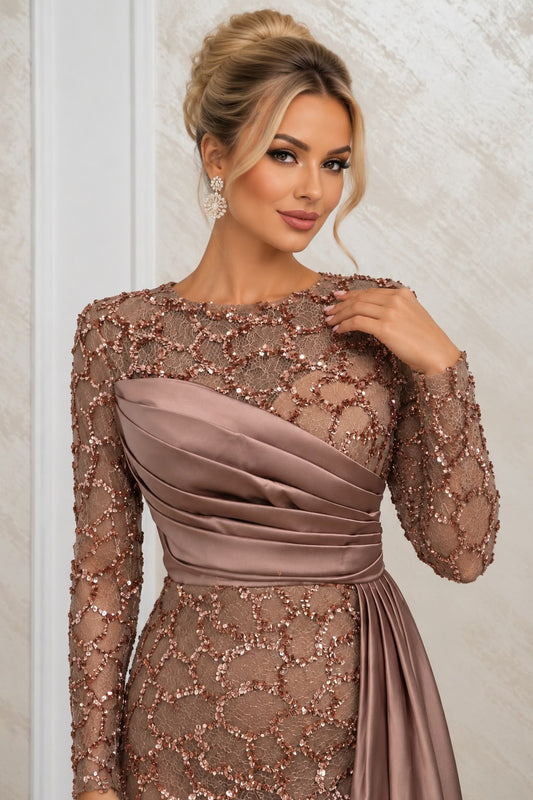 Rochie Belaria lunga cappuccino din dantela cu paiete