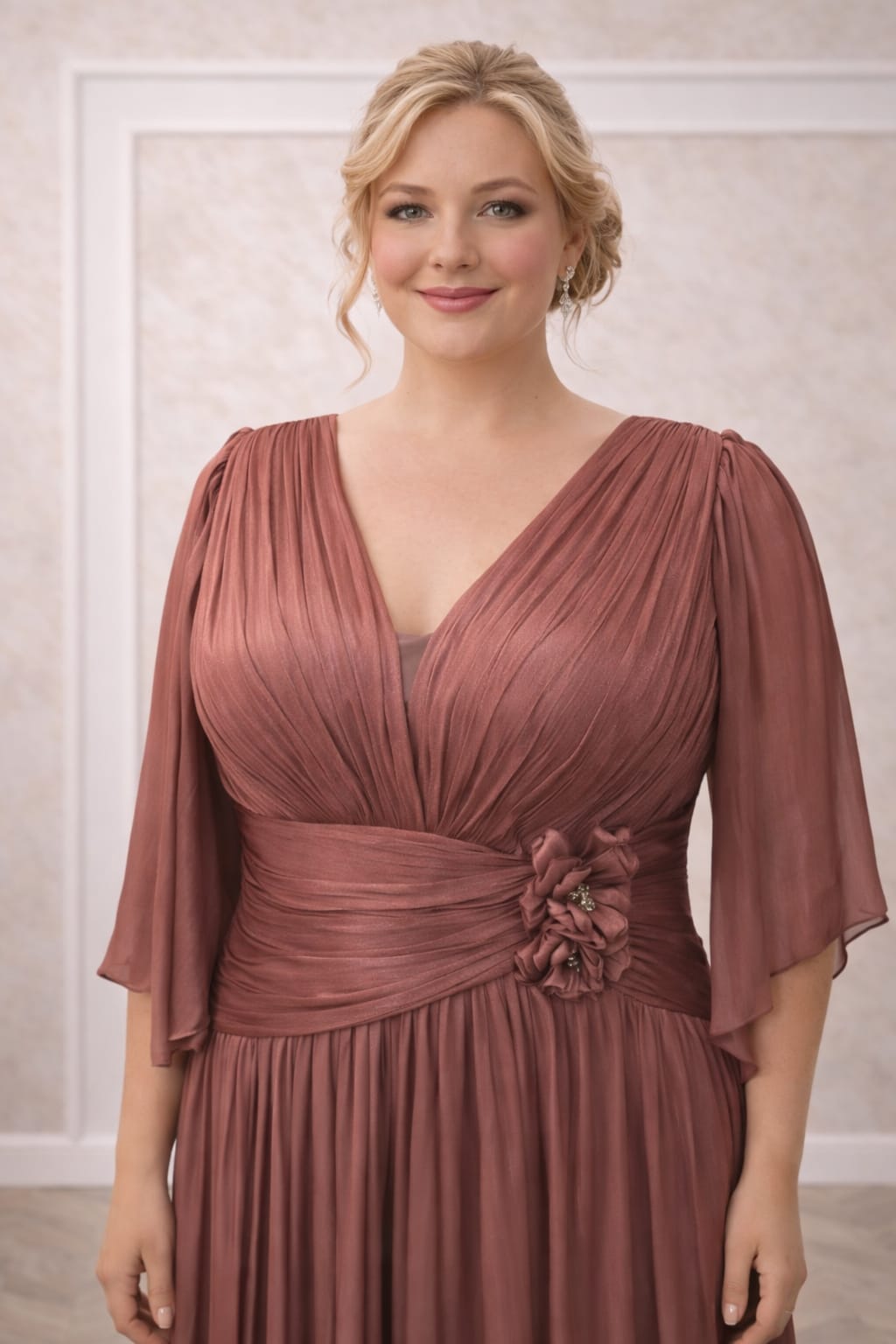 Rochia Aris – Rochie elegantă lungă plus size coniac cu slit si drapaje