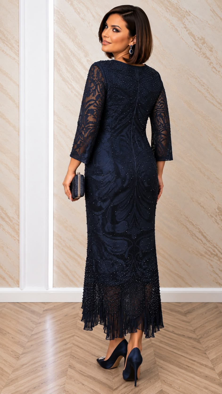 Rochie Marika midi din dantela cu maneci – bleumarin, negru si purpuriu
