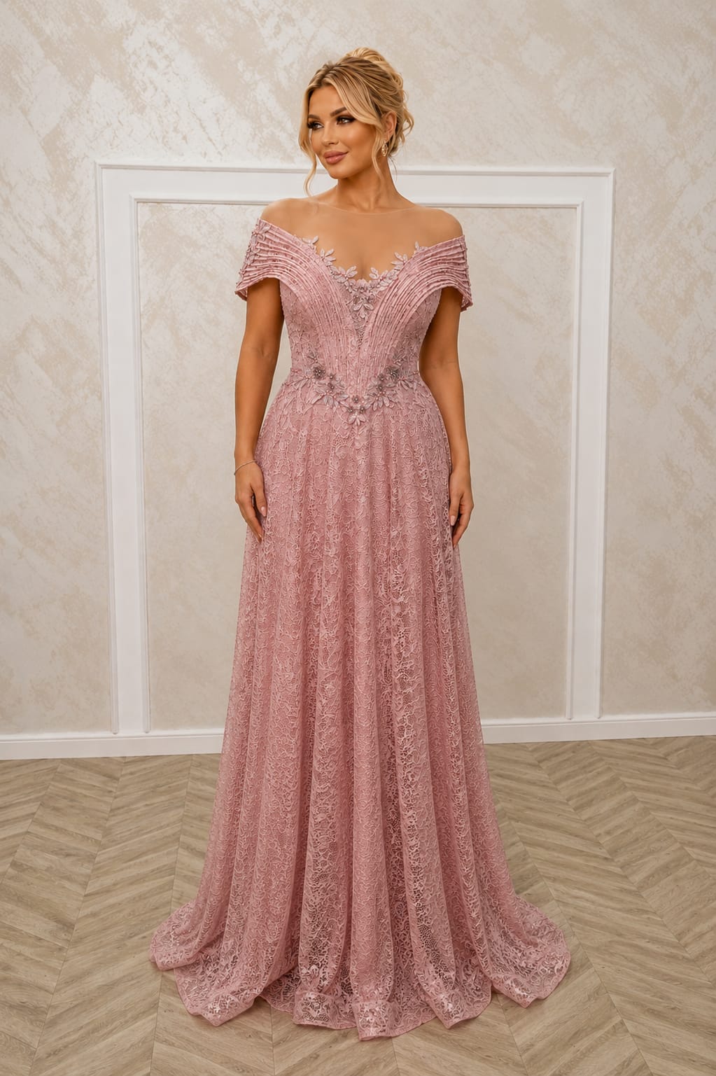 Rochia Dantele - Rochie de ocazie roz pudra / negru – eleganta atemporala din dantela cu Bretele Off Shoulder