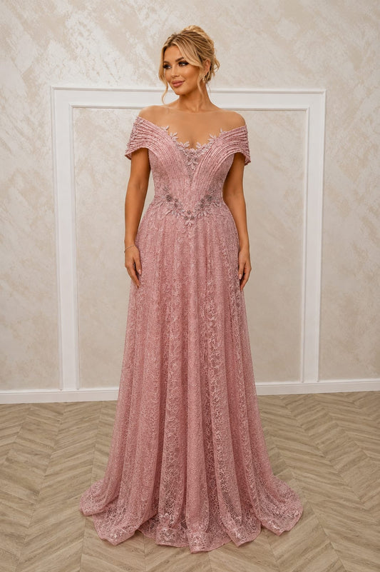 Rochia Dantele - Rochie de ocazie roz pudra / negru – eleganta atemporala din dantela cu Bretele Off Shoulder