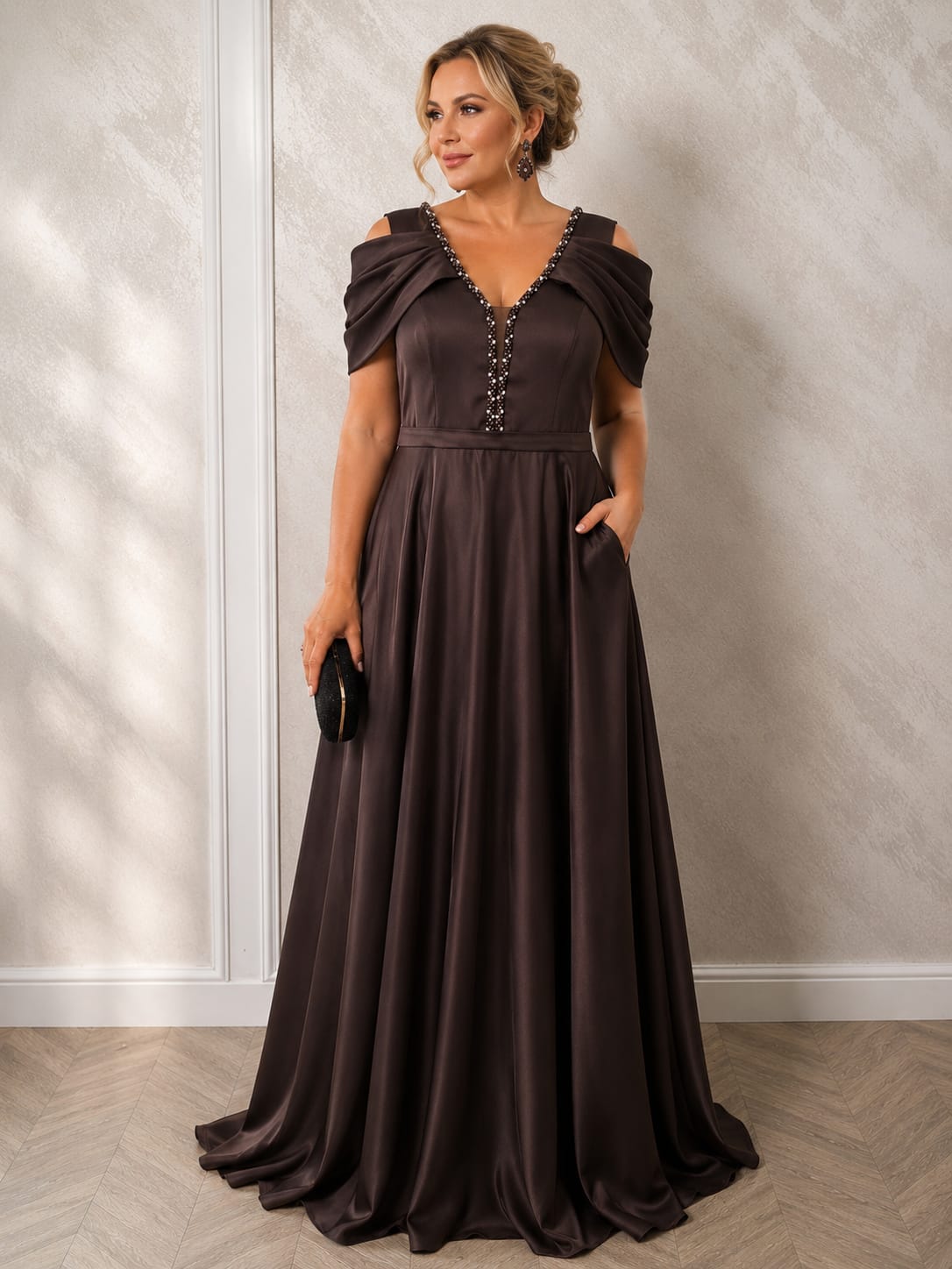 Rochia Lonicera - Rochie lunga simpla din satin cu drapaje peste brate disponibila in 3 nuante