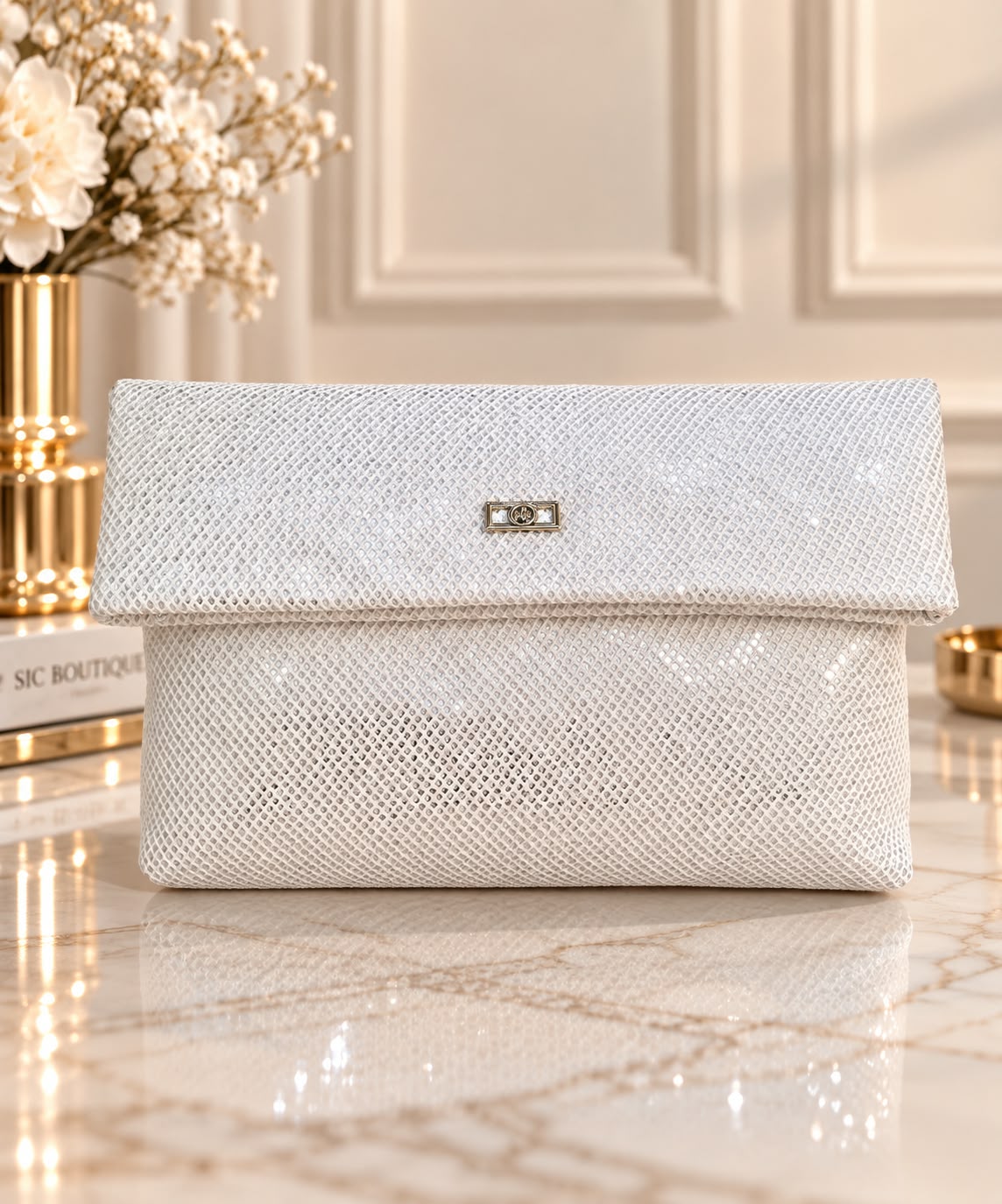 Clutch elegant din material textil cu sclipiri fine