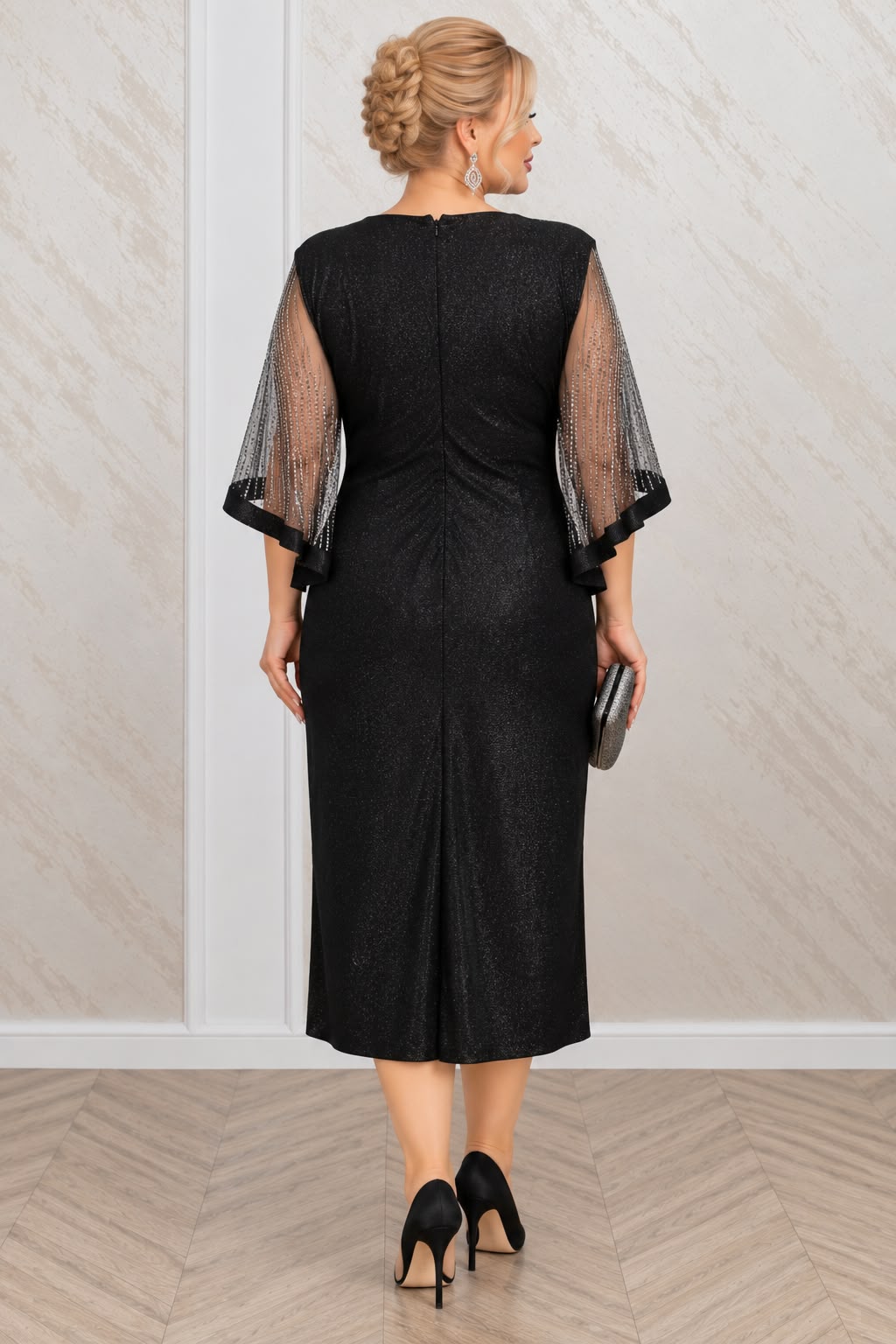 Rochie Victoria midi neagra cu cristale - marimi mari