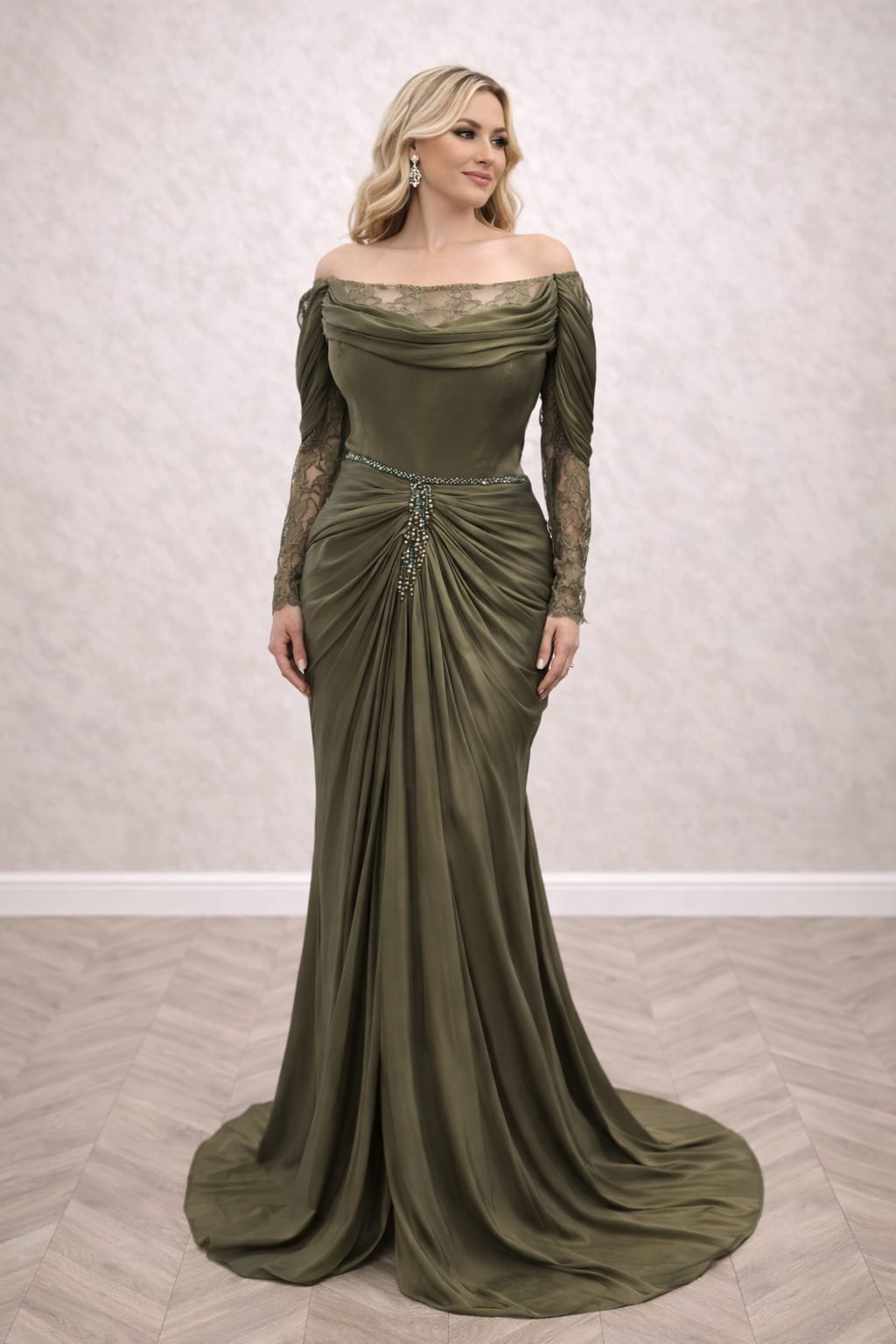 Rochia Patricia negru sau verde oliv – Rochie eleganta din satin cu dantela si drapaje sofisticate