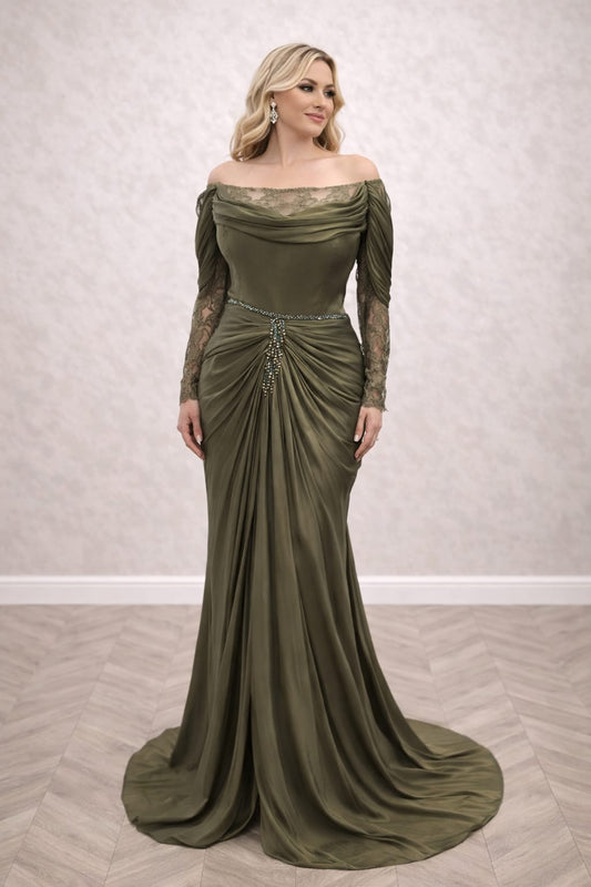 Rochia Patricia negru sau verde oliv – Rochie eleganta din satin cu dantela si drapaje sofisticate