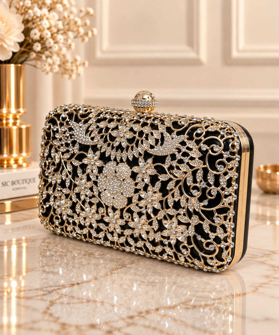 Geanta Clutch Neagra cu Broderie Aurie si Cristale