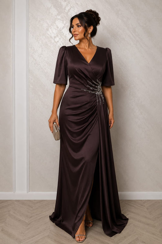 Rochia Tatiana – rochie lunga din satin premium cu maneci 3/4 ,drapaje care avantajează silueta in nuante turcuaz si ciocolatiu