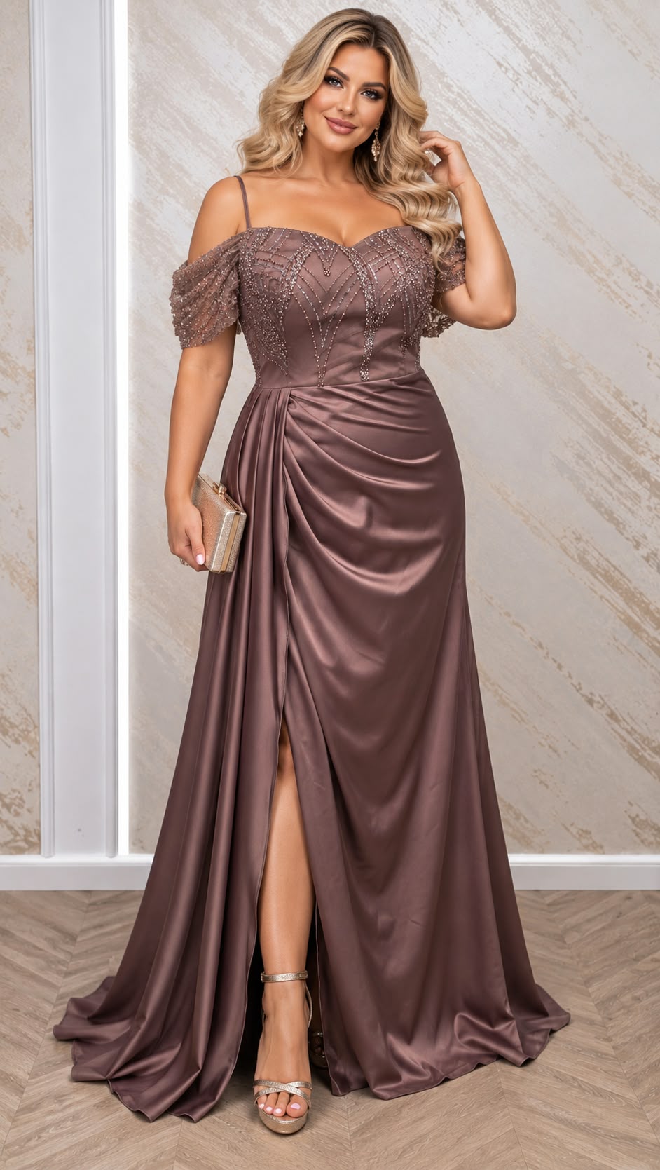 Rochie Gena-rochie lunga din satin capuccino cu corset si slit pe picior