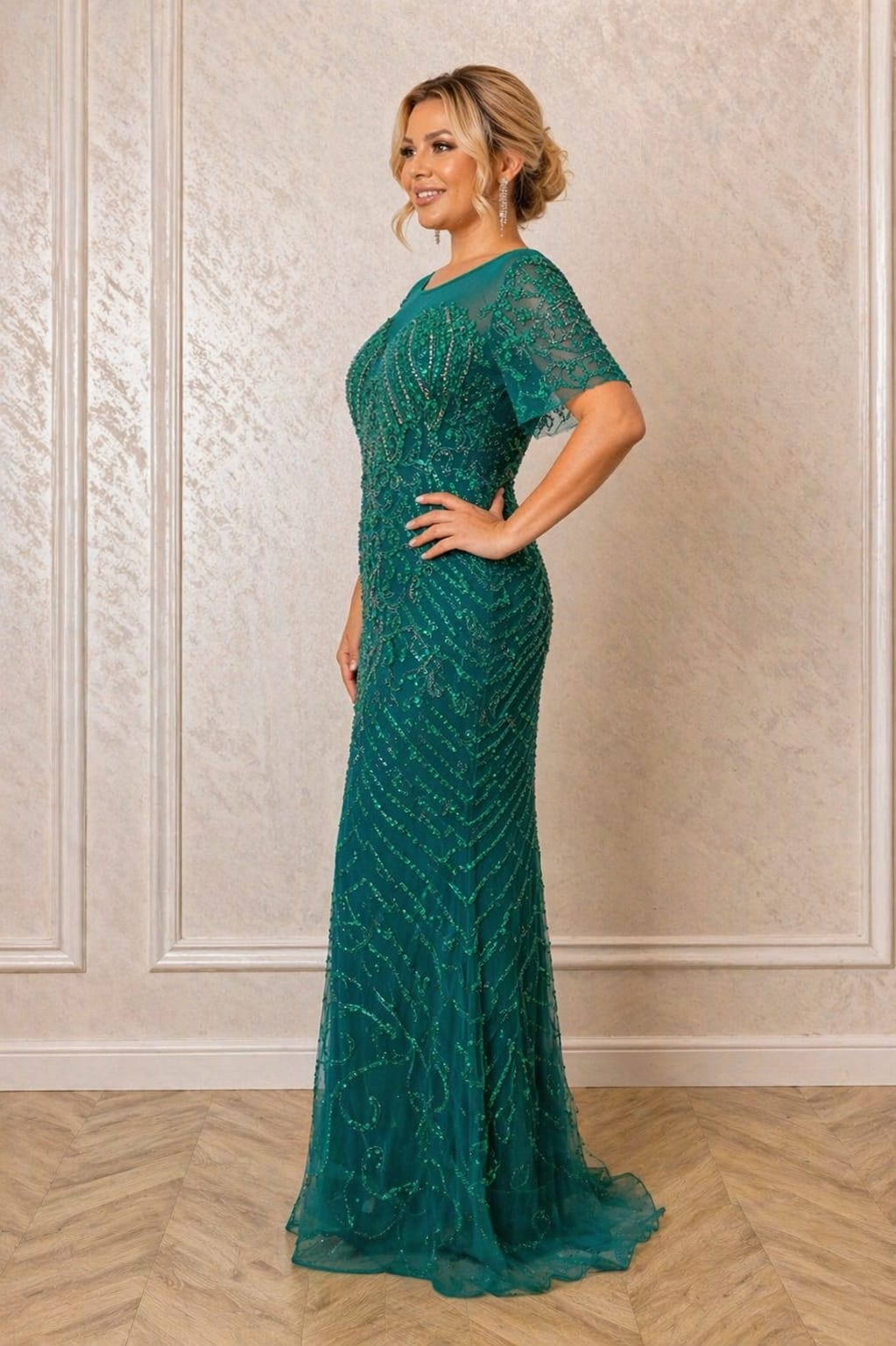 Rochia Delorene – Rochie de seara verde smarald cu perle si cristale, editie limitata