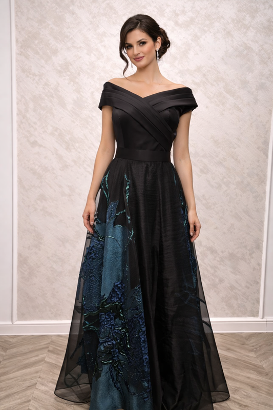 Rochia Baroc - Rochie eleganta neagra lunga cu broderie turcoaz si umeri goi