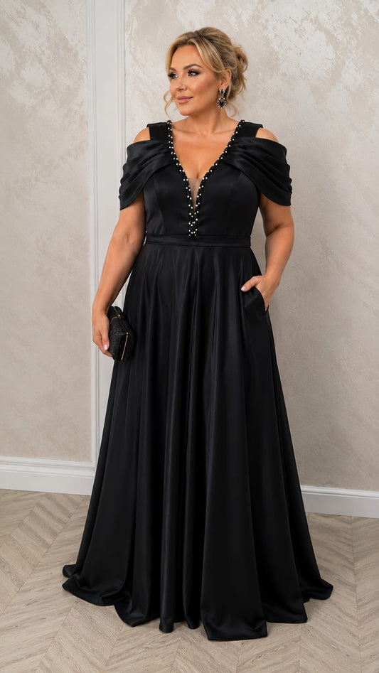 Rochia Lonicera - Rochie lunga simpla din satin cu drapaje peste brate disponibila in 3 nuante
