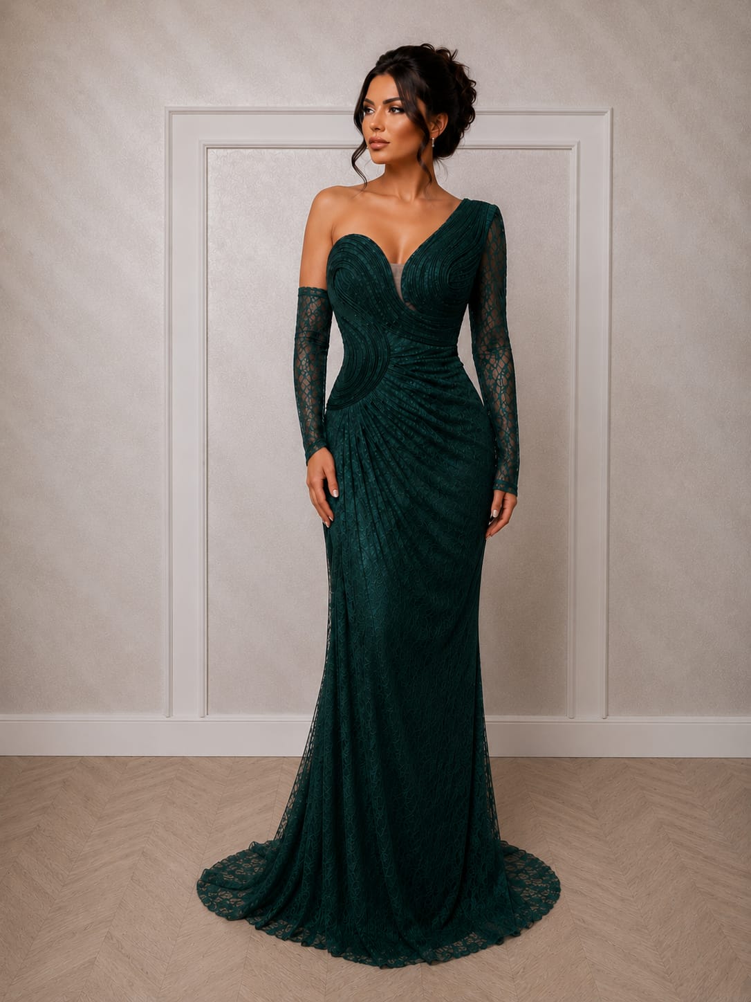 Rochia Misera - Rochie lunga din dantela Chantilly verde smarald