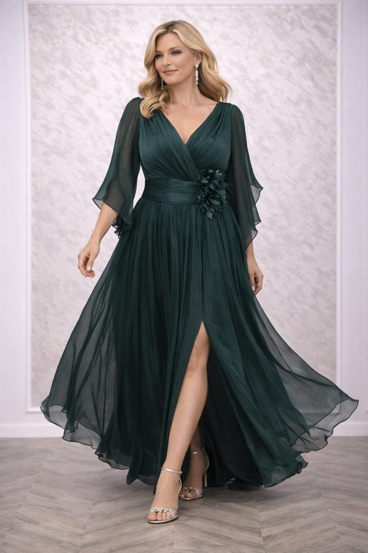 Rochia Aria - Rochie eleganta lunga din matase artificiala verde cu slit pe picior