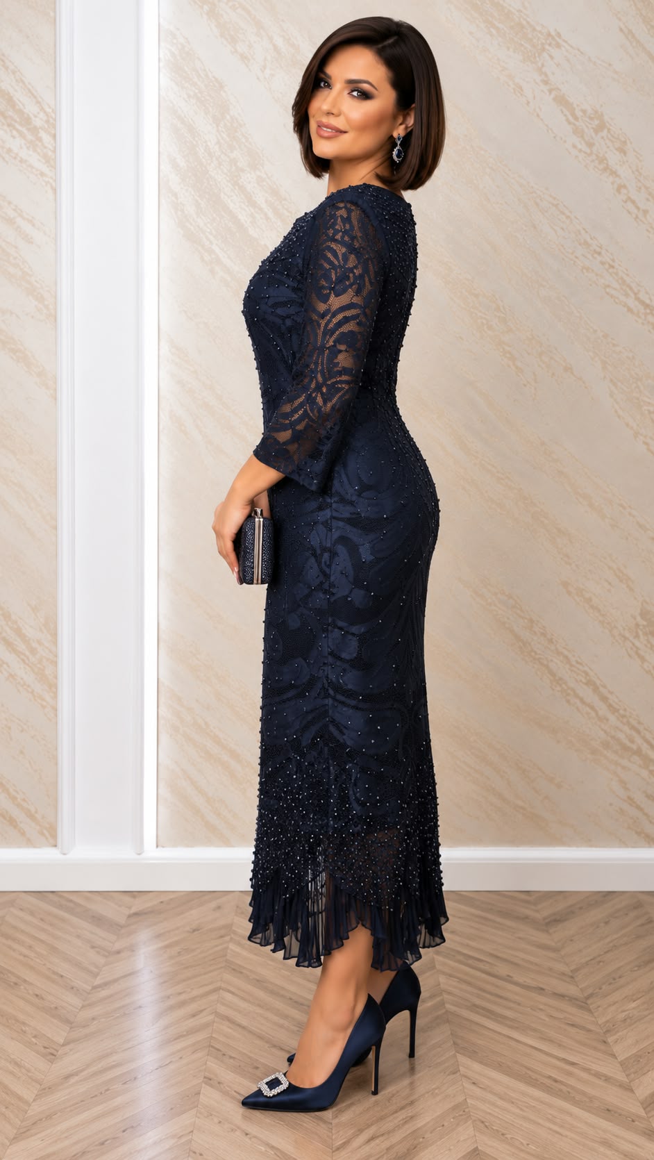 Rochie Marika midi din dantela cu maneci – bleumarin, negru si purpuriu