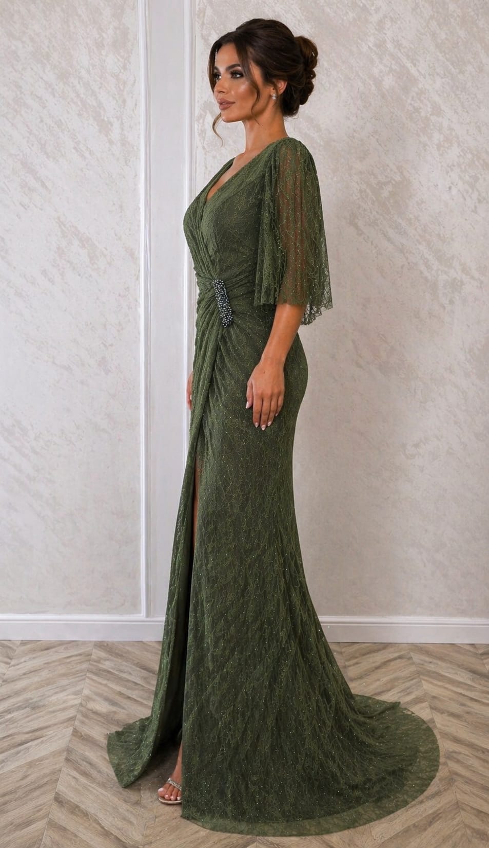 Rochia Lana – Rochie eleganta lunga neagra  sau verde oliv din dantela Chantilly plus size, croi sirena