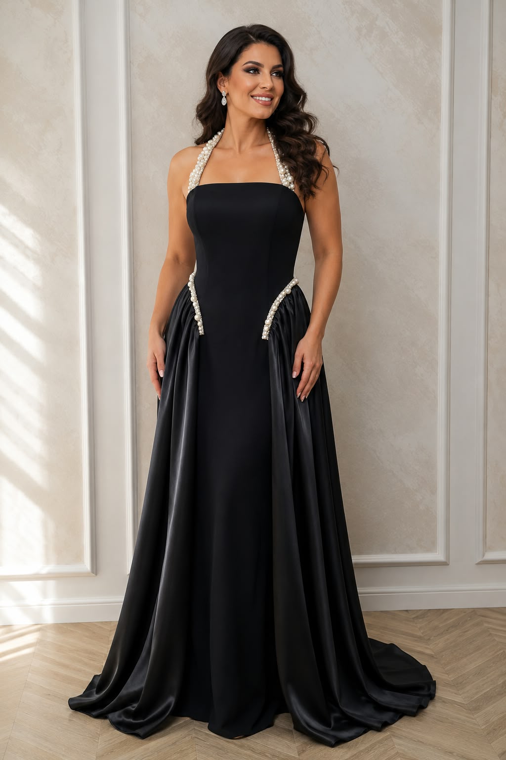 Rochie lunga neagra Inset cu perle - editie limitata